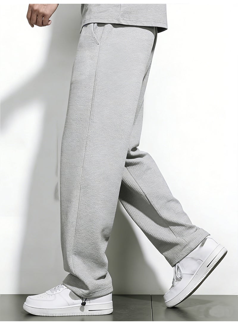 Mens Light Grey Baggy Pants Waffle Knit Wide Leg Parachute Trousers Adjustable Hem Casual Sweatpants Oversized Loose Pants for Men - Image 2